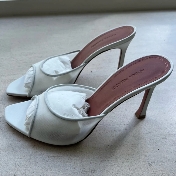 Amina Muaddi Alexa Mesh Slipper 95 White Wedding Mule Heels Shoes Bridal Slip On - Picture 11 of 11